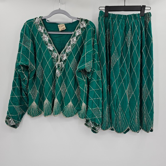 Meenakari Emerald Green Beaded Sequin 2 Piece Top and Skirt Set Large India Silk